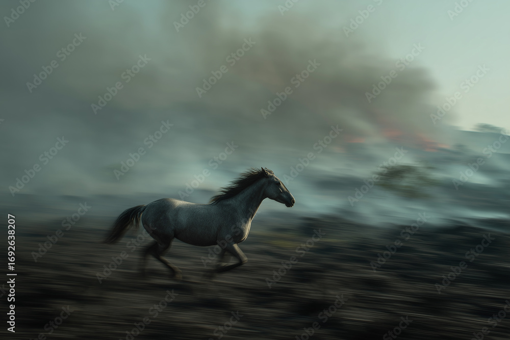 Fototapeta premium Horse galloping through smoky field at dusk, escaping the encroaching danger of wildfire