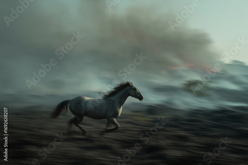 Horse galloping through smoky field at dusk, escaping the encroaching danger of wildfire