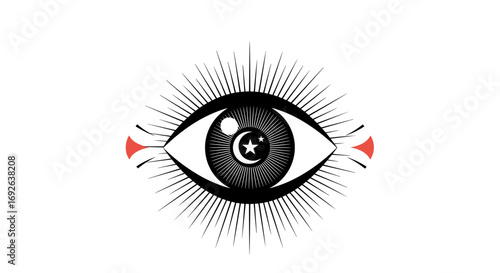 Mysterious all seeing eye symbol with celestial crescent moon and star amidst radiating sunburst rays representing ancient wisdom and spiritual enlightenment