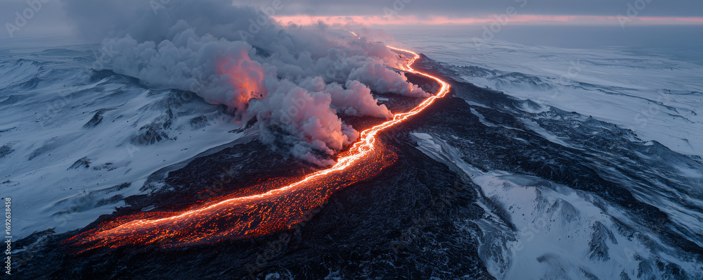 Naklejka premium Lava flows steadily from an active volcano, illuminating the icy landscape with a brilliant glow and creating dramatic steam clouds overhead