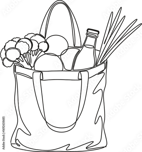 Fresh groceries in a reusable tote bag, a simple line drawing of healthy food for shopping.