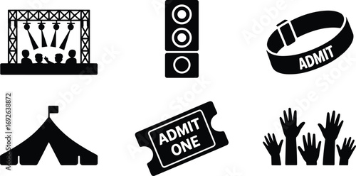 Event icons set including concert stage, speaker, wristband, tent, admission ticket, raised hands, live music, festival, entertainment, audience.