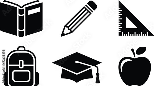 Education icons set including book, pencil, ruler, backpack, graduation cap, apple, learning tools, school supplies, student essentials, study, academic symbols.