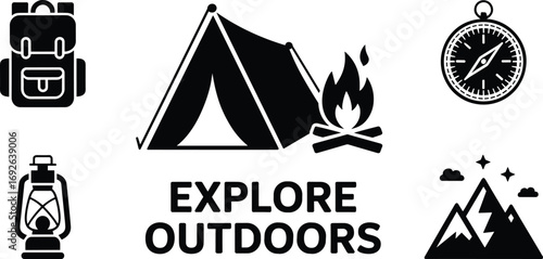 Explore outdoors camping icons set including tent, campfire, backpack, lantern, compass, mountains, adventure, hiking, nature, outdoor survival essentials, wilderness.