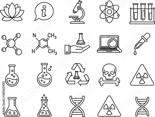 Science icon set, black vector, DNA, flask, atom, microscope, chemical structure, radioactive symbol, biology, chemistry, physics, molecular graphic, lab tools, environmental science, safety icons