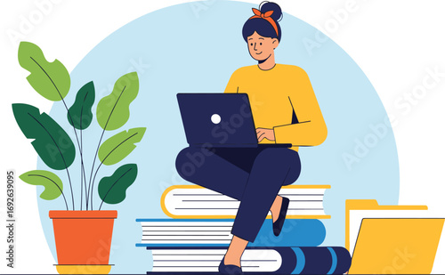 Focused study, digital learning, student with laptop, academic tools, flat vector, cad drawing, silhouette art, books, folder, plant