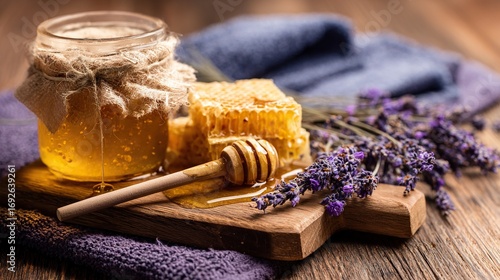 A honey jar filled with lavender sits next to a wooden board, perfect for use in posters or promotional materials about natural products, body care, skincare, and tea tree products.