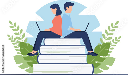 Inclusive learning, student with laptop, academic tools, digital education, flat vector, cad drawing, silhouette art, books, foliage, teamwork