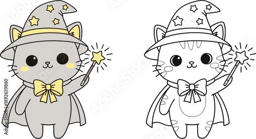 Adorable cartoon cat wizard with magic wand and stars on hat, perfect for children's illustrations