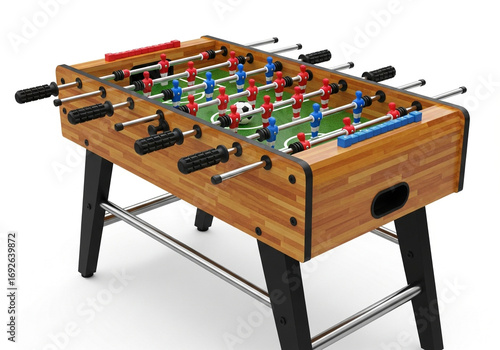 Wooden foosball table with players and ball isolated on white