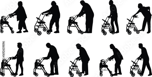 Silhouette elderly figures, walker mobility aid, rehabilitation concept, senior support, physical therapy, aging movement, healthcare design, assistive walking posture