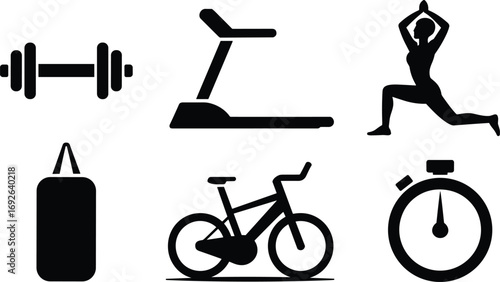 Fitness icons set including dumbbell, treadmill, yoga pose, punching bag, bicycle, and stopwatch for exercise and workout concepts.