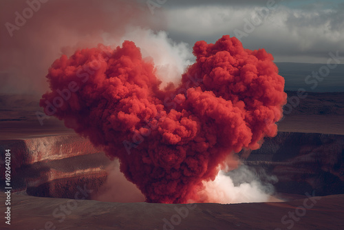 Smoke curls into a heart shape above a volcanic crater during a dramatic eruption at twilight