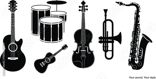 Musical instruments icons including guitar, drums, violin, trumpet, saxophone, acoustic guitar, percussion, brass instrument, string instrument, music symbols, sound, style.