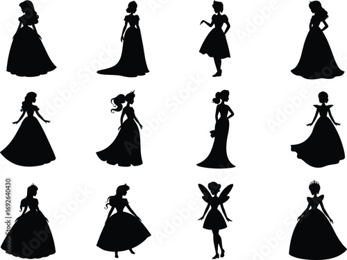Silhouette princess collection, fairy tale female figures, fantasy gown designs, magical characters, elegant poses, royalty theme, black vector illustration