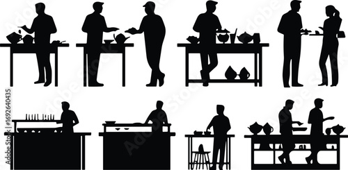 Silhouette people, food service, buffet scene, restaurant counter, tea serving, dining interaction, hospitality staff, café moment, black figures, teamwork