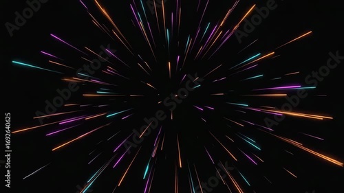 On a dark, almost black background, hundreds glowing particles single point vibrant neon particle leaves light streaks temporary abstract symbols, spirals waves darkness