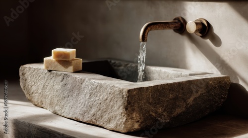 Soft sunlight streaming over rustic stone sink, water trickling over natural soap bars, embodying serene minimalist bathroom spa aesthetic
