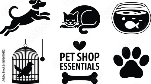 Pet shop essentials icons including dog, cat, fish, bird cage, paw print, pet bone, pet care, animals, pets, accessories, supplies.