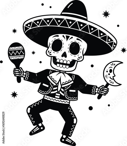 Joyful skeleton in traditional attire dances with maracas and moon charm