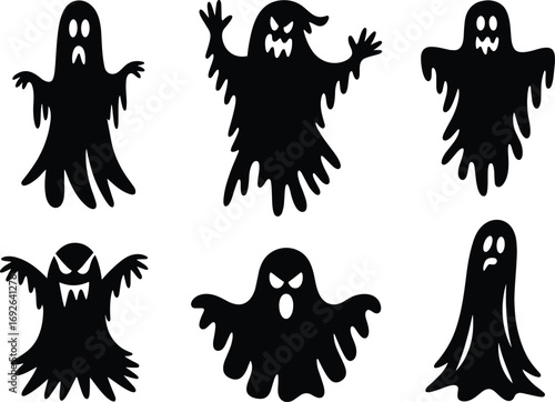 Spooky ghost silhouettes, Halloween spirits, cartoon horror icons, scary faces, haunted shapes, creepy characters, eerie expressions, vector illustration, black design