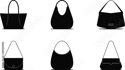 Set of stylish handbag icons, including tote, shoulder bag, clutch, and purse designs, perfect for fashion, accessories, and shopping themes.
