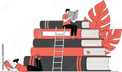 Reading journey, student engagement, book stack, academic growth, flat vector, cad drawing, silhouette art, ladder, foliage, education, study