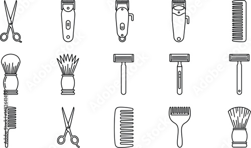 Collection of classic barber tools, including clippers, scissors, razors, and combs, for grooming and haircuts.
