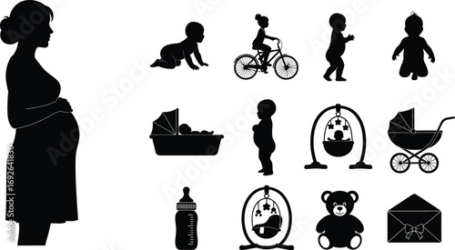 Pregnant silhouette and collection of baby care icons, symbolizing new life and family growth.