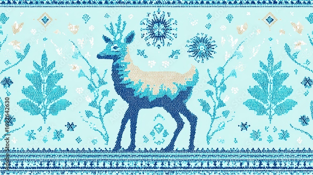 Seamless winter vector pattern with walking reindeer, snowflakes, and delicate floral ornaments in blue and beige, capturing festive woodland charm