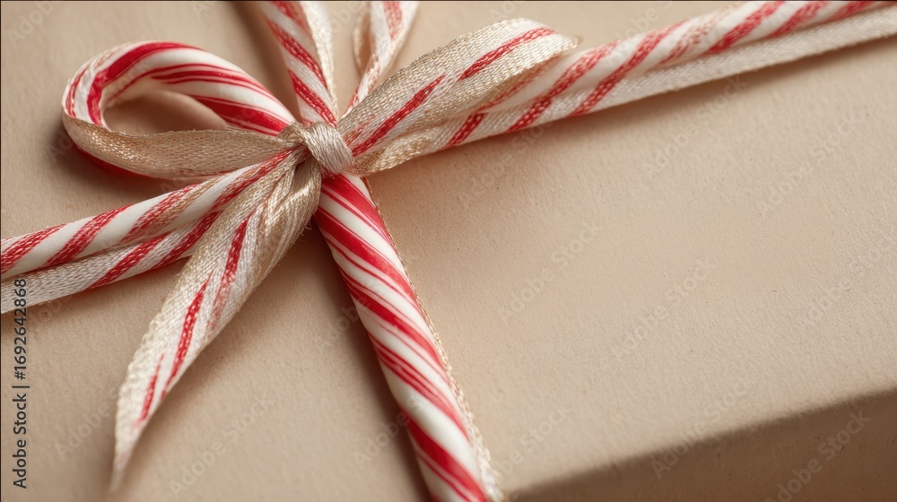 Fototapeta premium Christmas gift wrapped in kraft paper, featuring candy cane accent and golden ribbon, evoking warm holiday spirit and festive seasonal charm