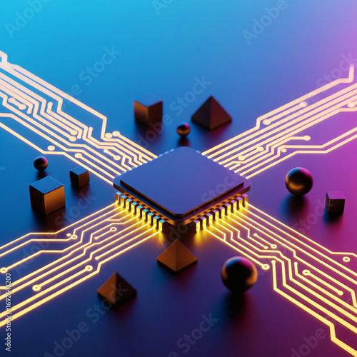 Minimalist Art of microchip electronic circuits and components, neon wires data flow futuristic technology