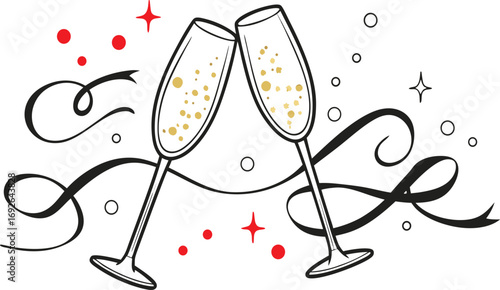 Elegant champagne glasses toasting with ribbons for celebration and special occasion