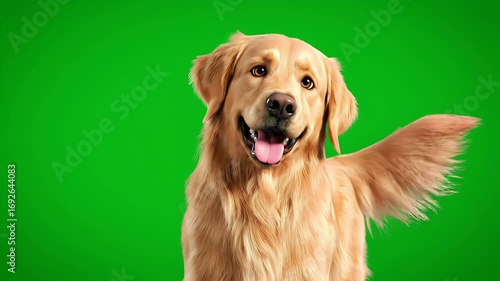 Happy Golden Retriever dog with wagging tail on green screen background, perfect for chroma key compositing