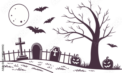 Halloween night background with pumpkins, bats, tombstones, crosses and a bare tree