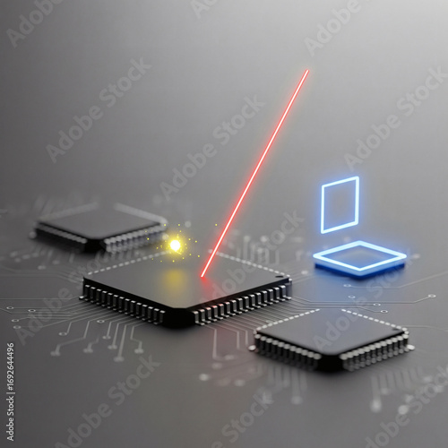 Minimalist Art of microchip electronic circuits and components, neon wires data flow futuristic technology