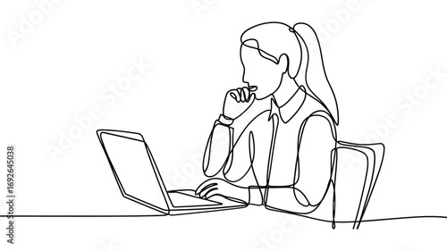 Woman wearing glasses thinking while working on a laptop computer at a desk