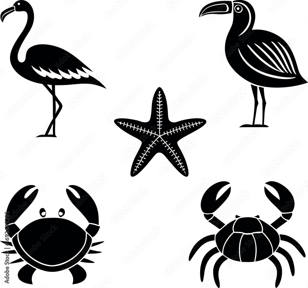 Obraz premium Tropical birds and sea creatures silhouette 