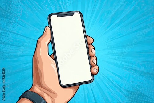 Hand holding a smartphone against a comic book-style background