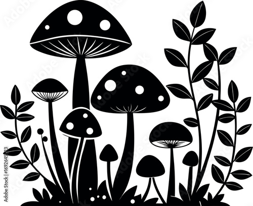 Whimsical forest mushrooms and foliage silhouette
