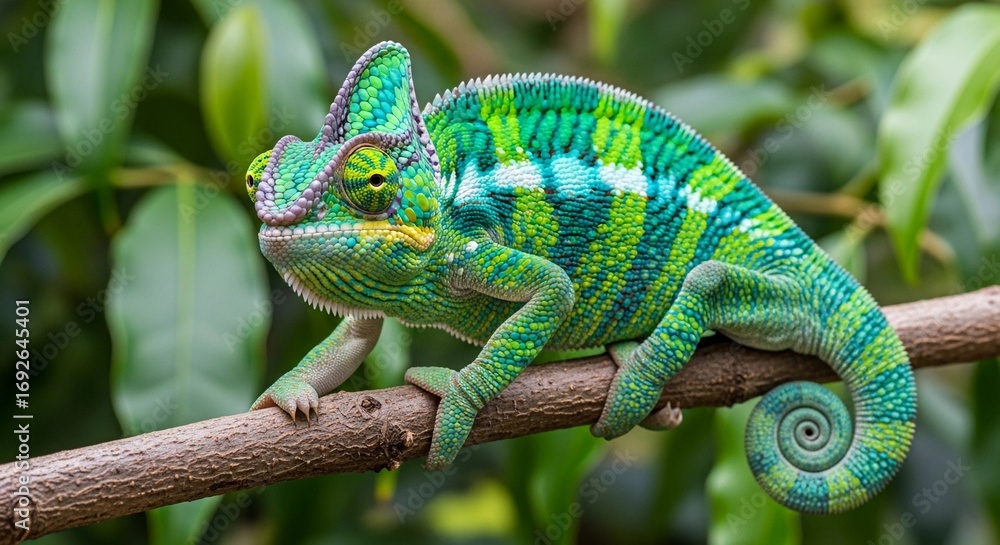 Obraz premium Green Veiled Chameleon on Branch, vibrant colors, nature photography
