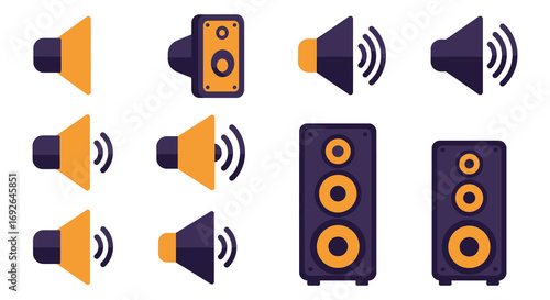 various speakers and sound systems illustrated in vibrant colors
