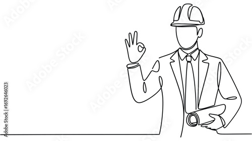 Construction worker in hard hat giving ok gesture with blueprints in hand