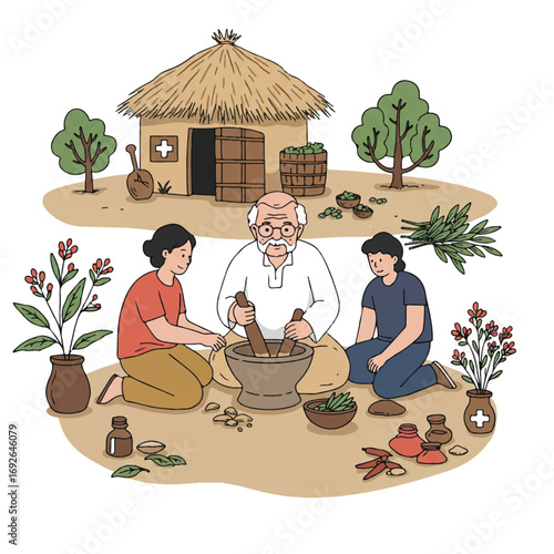 An elderly traditional healer carefully grinds medicinal herbs in a mortar, teaching a young observer in a rural setting, captured in a clean 2D flat vector style.