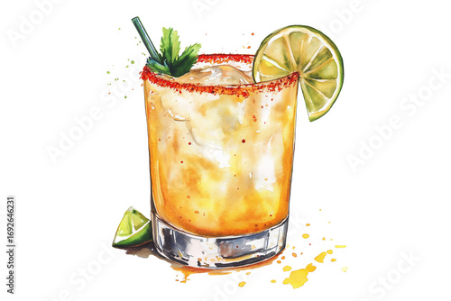 Spicy Margarita Watercolor Illustration on Transparent Background. Watercolor Cocktail Art of Spicy Margarita Isolated PNG.