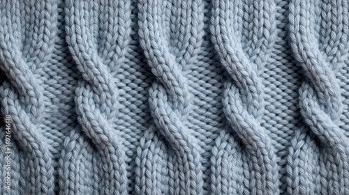 Close up cable knit fabric revealing soft wavy texture in light blue, highlighting intricate knitwear pattern suitable for fashion, winter design, crafting backgrounds