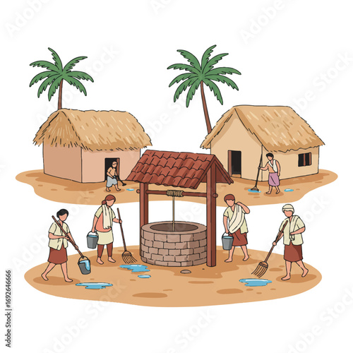 Flat 2D vector illustration depicts villagers collaboratively cleaning a communal well and sweeping paths in a traditional rural setting, emphasizing community hygiene and teamwork efforts.