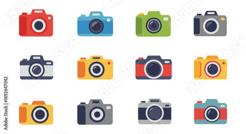 a collection of colorful cameras arranged neatly in rows