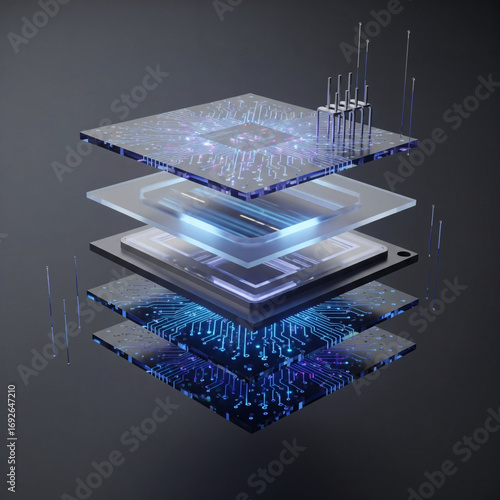 Minimalist Art of microchip electronic circuits and components, neon wires data flow futuristic technology
