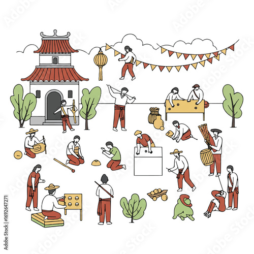Vibrant cultural festival 2D flat vector illustration showing diverse people enjoying traditional games and lively activities, promoting social well-being and active lifestyles.